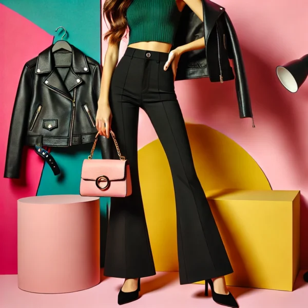 A stylish woman modeling black high-waisted flared pants paired with a green crop top and a black leather jacket, accessorized with a pink handbag in a vibrant studio setting.