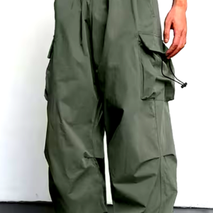 Front-facing olive green cargo pants with deep pockets and elastic cuffs, paired with white sneakers.