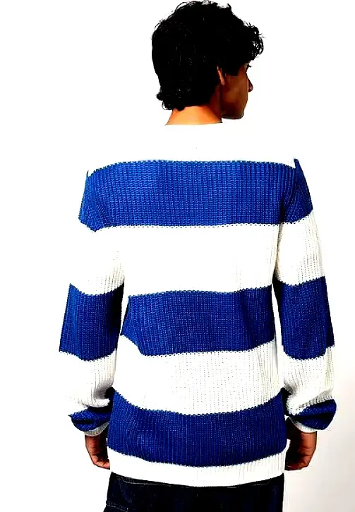 YOUSTA 4 Back view of a blue and white striped knitted sweater worn by a man.