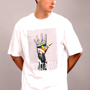 Close-up of a male model wearing a white oversized T-shirt featuring a robotic hand graphic and the word "MEDITATIVE."