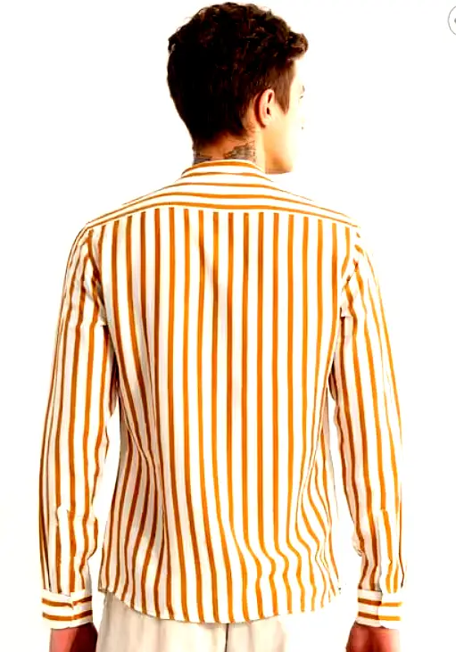 SNITCH 3 Back view of a male model wearing a Snitch vertical striped shirt in white and mustard with full sleeves and a straight hem.
