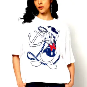 Woman wearing a white YOUSTA oversized T-shirt featuring a playful Donald Duck graphic with nautical rope and anchor design.