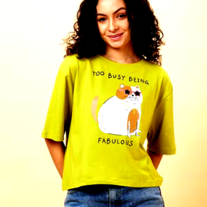 Globus Women's Lime Green Printed T-Shirt featuring a cartoon cat graphic and "Too Busy Being Fabulous" text.