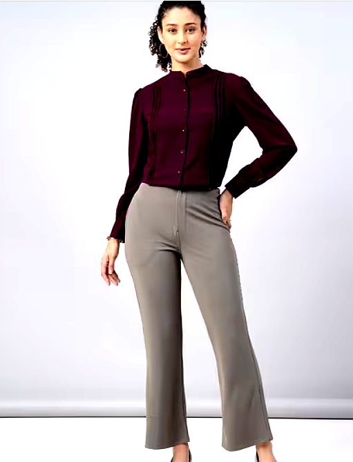 FITHUB 5 Full-body view of a woman wearing a plum blouse paired with grey formal trousers.