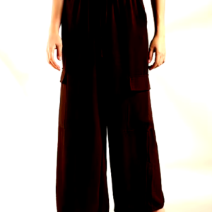 Front view of brown wide-leg cargo pants with drawstring closure and large side pockets.