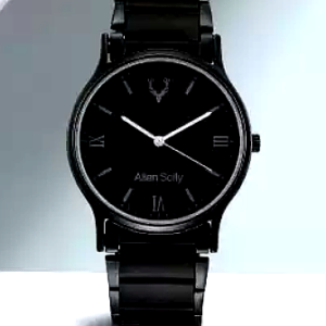 Allen Solly black wristwatch with a minimalist black dial and metal strap.