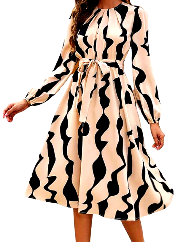A full view of a woman wearing a beige midi dress by Leriya Fashion, with black abstract patterns, long sleeves, and a tie belt at the waist. She poses elegantly with flowing fabric.