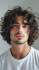 Close-up portrait of a young man with curly dark hair, a light beard, wearing a white t-shirt, and posing against a blurred background.