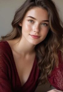 Close-up portrait of a young woman with wavy brown hair, green eyes, and freckles, wearing a red blouse.