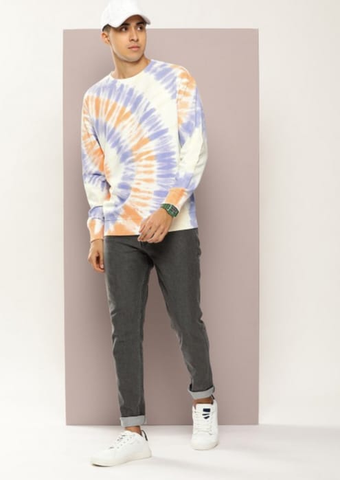  Full-length view of Kook N Keech Men's Tie-Dye Sweatshirt paired with jeans and sneakers