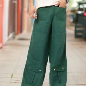 Close-up of green cargo pants with side pockets.