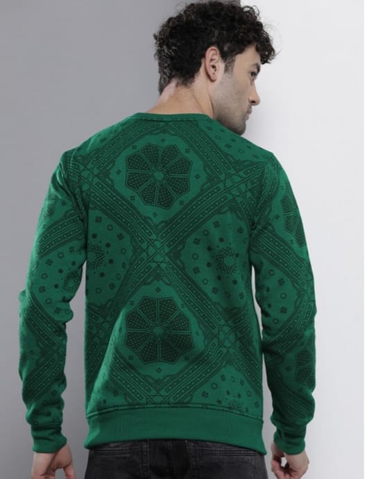 The Indian Garage Co 4 Back view of a green sweatshirt with detailed geometric designs.