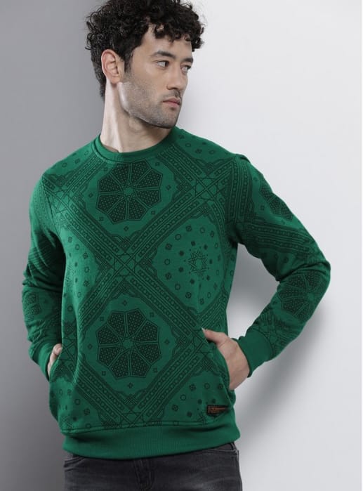 The Indian Garage Co 3 Man wearing a green printed sweatshirt with geometric patterns