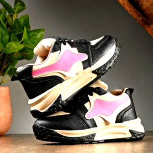 AfroJack Women's Beige and Black Sneakers with Pink Side Accent and Durable Sole.
