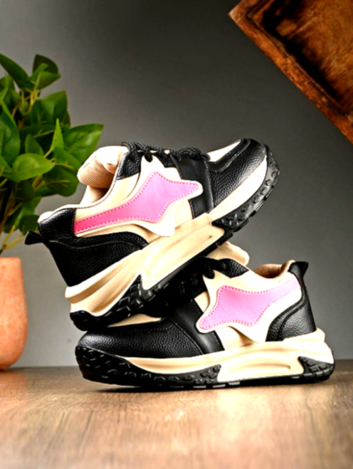 AfroJack (women) 4 AfroJack Women's Beige and Black Sneakers with Pink Side Accent and Durable Sole.