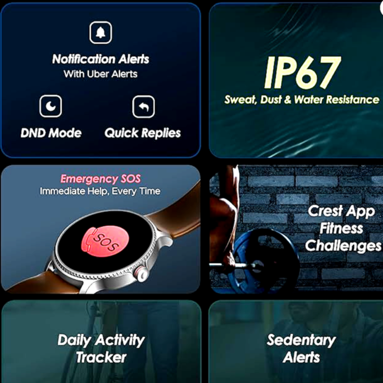 boAt Smartwatch with IP67 water resistance, Emergency SOS, daily activity tracker, and fitness challenges.
