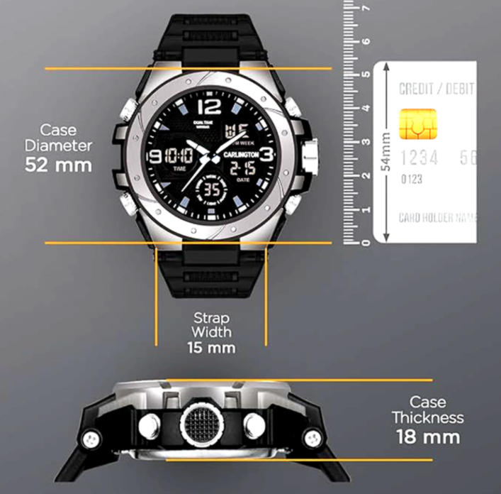 Carlington (men) 4 Carlington Men's Watch with 52mm Case Diameter, 18mm Thickness, and 15mm Strap Width.