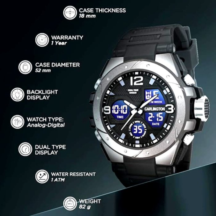 Carlington (men) 5 Carlington Men's Analog-Digital Watch with Dual Display, Backlight, and Water Resistance.