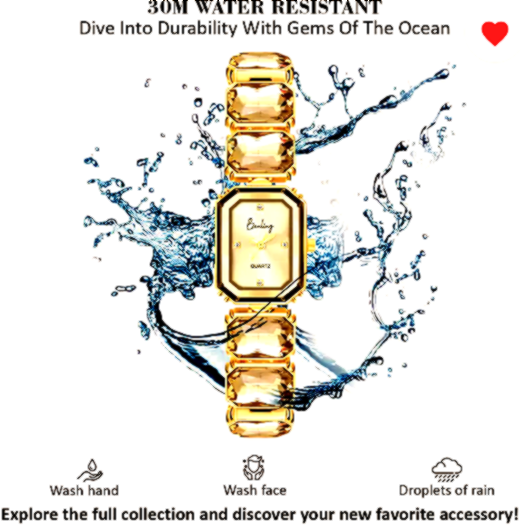 Benling (women) 3 Luxurious gold Benling watch with gemstone bracelet, surrounded by water splashes, emphasizing its 30M water resistance.