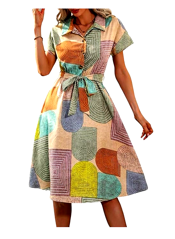 Gufrina 3 Gufrina Women's Full-Length Geometric Print Midi Dress – Full View, featuring a waist tie belt, button-down front, and vibrant multicolored patterns