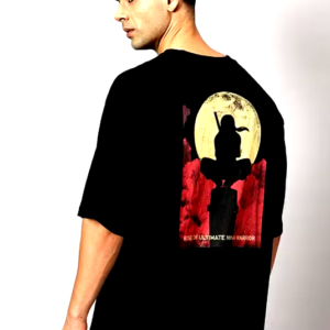 Back view of a man wearing a black oversized T-shirt with a graphic print of a ninja warrior silhouette against a blood moon backdrop.