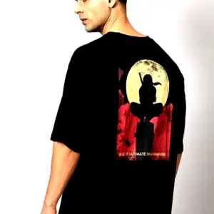 Back view of a man wearing a black oversized T-shirt with a graphic print of a ninja warrior silhouette against a blood moon backdrop.