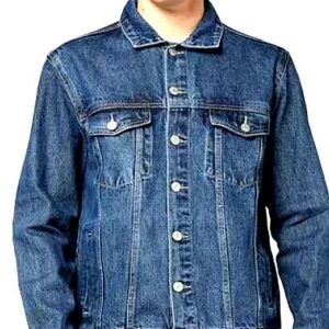 Front view of a male model wearing a classic blue denim jacket with button closure and chest pockets.