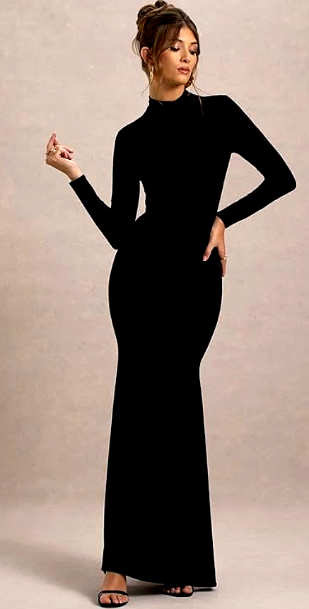 TRAQUILA 4 TRAQUILA Women's Elegant Black Maxi Dress – Front View, featuring a sleek bodycon fit, high neckline, and long sleeves. Ideal for evening parties and formal events.