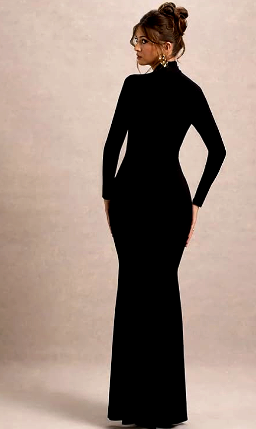 TRAQUILA 3 TRAQUILA Women's Black Bodycon Maxi Dress – Back View, showcasing a curve-hugging fit, long sleeves, and a seamless silhouette for a stunning look.