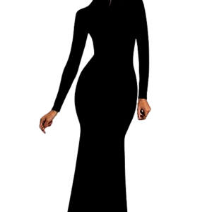 TRAQUILA Women's Full-Length Black Maxi Dress – Front Full View, featuring a sophisticated bodycon fit, high neckline, and floor-length elegance.