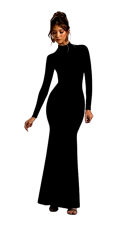 TRAQUILA 5 TRAQUILA Women's Full-Length Black Maxi Dress – Front Full View, featuring a sophisticated bodycon fit, high neckline, and floor-length elegance.