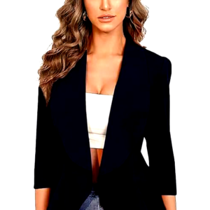 A close-up of a woman wearing a Kotty navy blue blazer over a white crop top, showcasing its tailored fit.