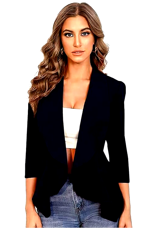 KOTTY 5 A close-up of a woman wearing a Kotty navy blue blazer over a white crop top, showcasing its tailored fit.