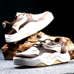 Knoos Women's Beige and Brown Sneakers with Chunky Sole and Lace-Up Fastening.