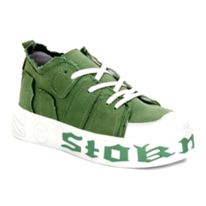 Knoos Green Canvas Sneakers with White Contrast Sole and Lace-Up Closure.