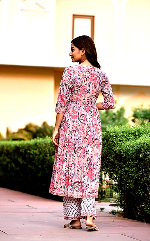 LookMark 4 LookMark Women's Ethnic Floral Suit Set – Back View, highlighting the tailored fit and intricate floral patterns on soft fabric for an elegant look.