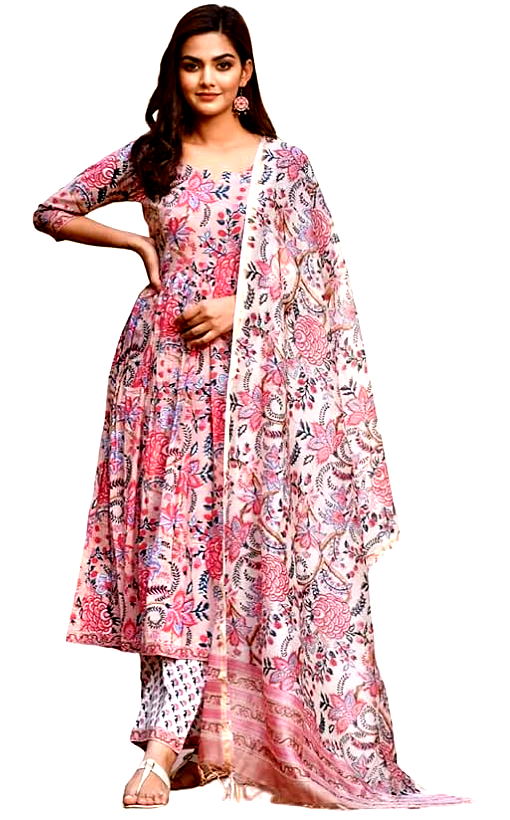 LookMark 3 LookMark Women's Full-Length Ethnic Floral Suit Set – Full View, featuring a stunning floral print, matching dupatta, and palazzo pants for a complete ethnic look