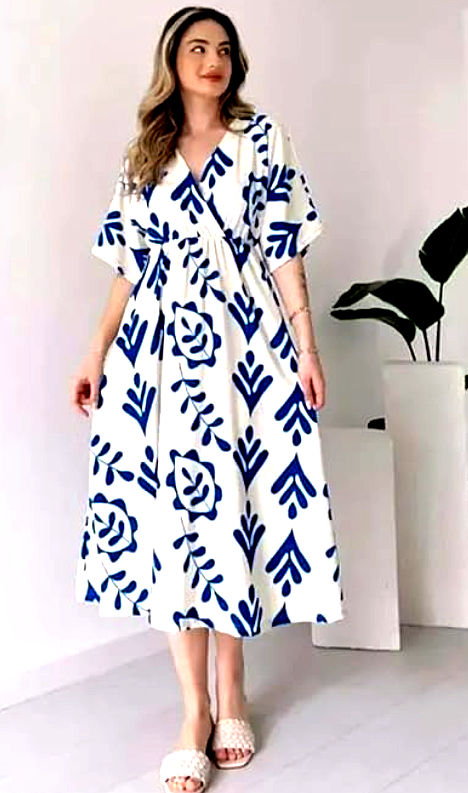 Manojava 5 Manojava Women's Blue and White Printed Midi Dress – Front View, featuring a V-neckline, flowing silhouette, and short sleeves for effortless summer style.