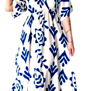 Manojava Women's Full-Length Blue and White Printed Midi Dress – Full View, featuring a V-neckline, short sleeves, and an airy silhouette.