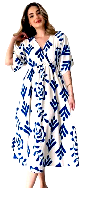 Manojava 3 Manojava Women's Full-Length Blue and White Printed Midi Dress – Full View, featuring a V-neckline, short sleeves, and an airy silhouette.