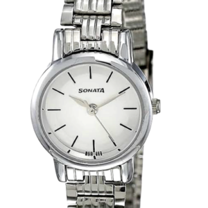 Sonata Women's Analog Watch with a silver dial, minimalist markers, and a polished stainless steel bracelet.