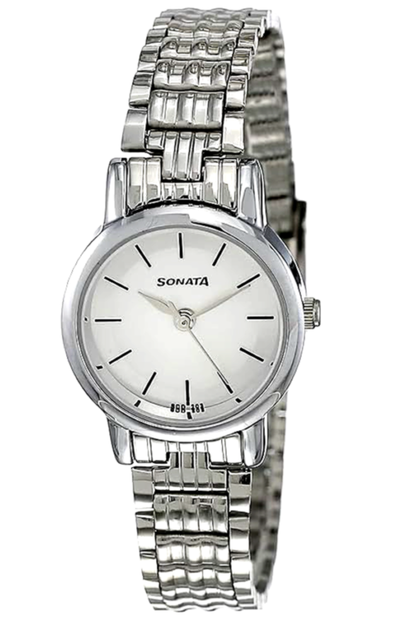Sonata (women) 3 Sonata Women's Analog Watch with a silver dial, minimalist markers, and a polished stainless steel bracelet.