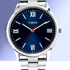 Timex stainless steel wristwatch with a blue dial and silver strap.