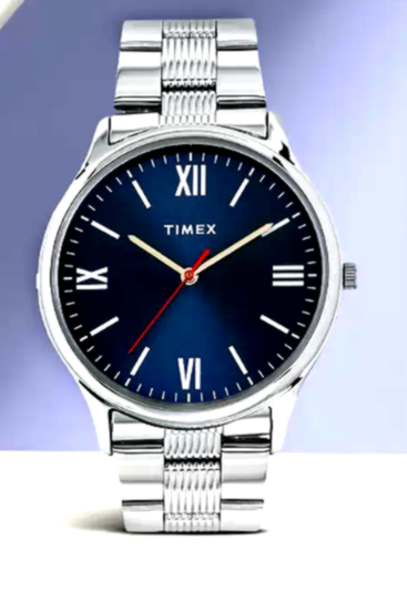TIMEX 4 Timex stainless steel wristwatch with a blue dial and silver strap.