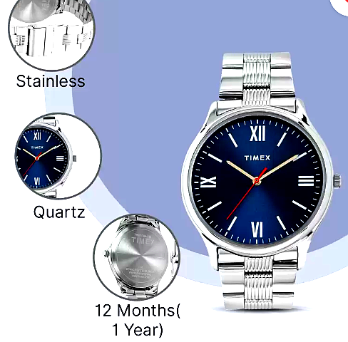 TIMEX 3 Timex men's stainless steel wristwatch features, including quartz mechanism, stainless steel material, and 12-month warranty.