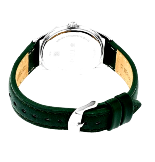 Titan Women's Watch with Green Leather Strap and Stainless Steel Back.