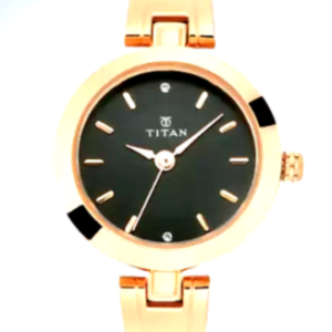 Front view of a Titan women's wristwatch with a gold-tone strap and a black dial.