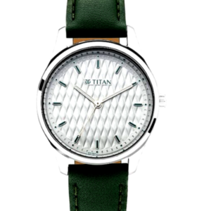 Titan Women's Watch with Silver Textured Dial and Green Leather Strap.