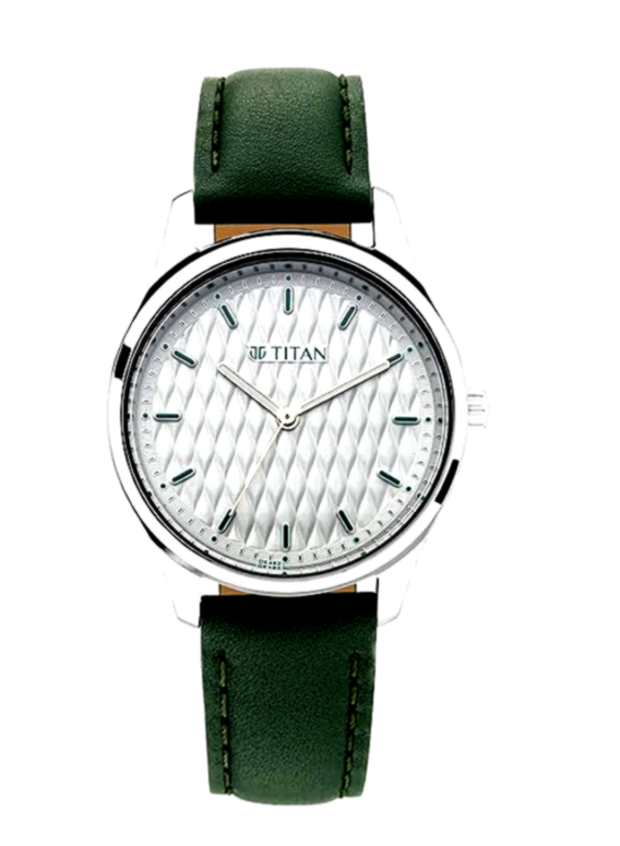 Titan (women) 3 Titan Women's Watch with Silver Textured Dial and Green Leather Strap.