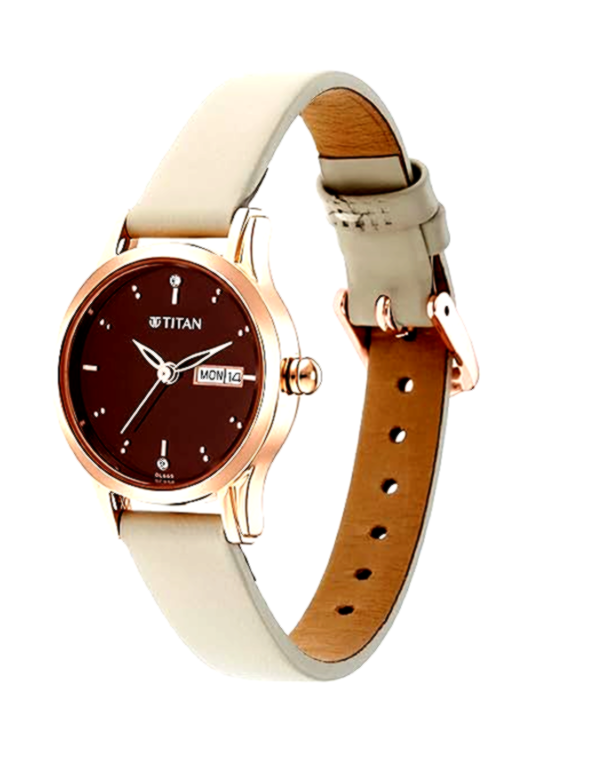 Titan (women) 3 Titan Women's Analog Watch with Rose Gold Case, Brown Dial, and Beige Leather Strap.